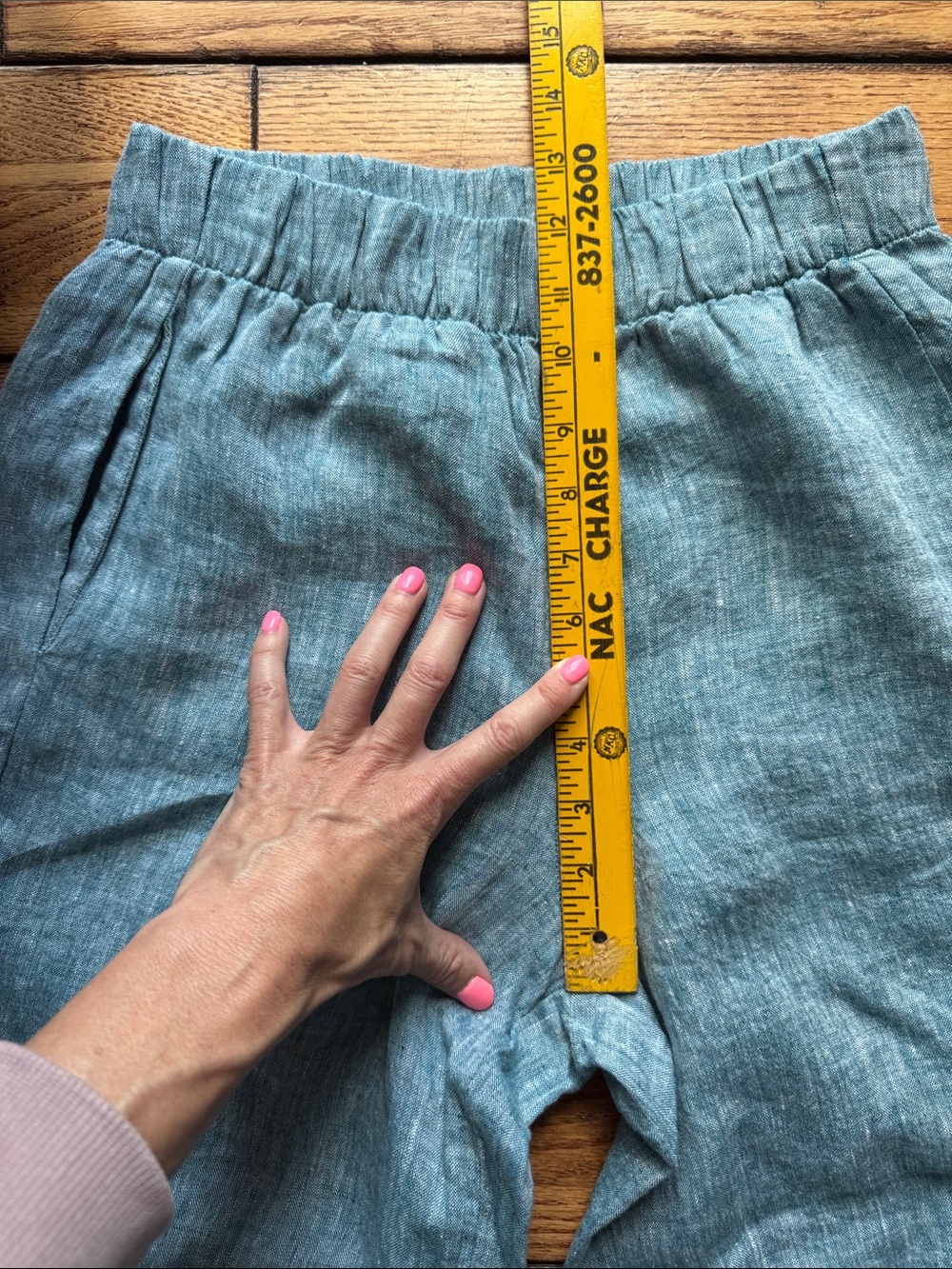 FLAX Pants Womens Sz P Teal Blue Linen Wide Leg Elastic Waist Boho Beach Pockets - Picture 9 of 11
